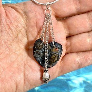 Tampa Bay Fossil Coral Agate & Pearl on Chains Pendant Silver Tone Necklace